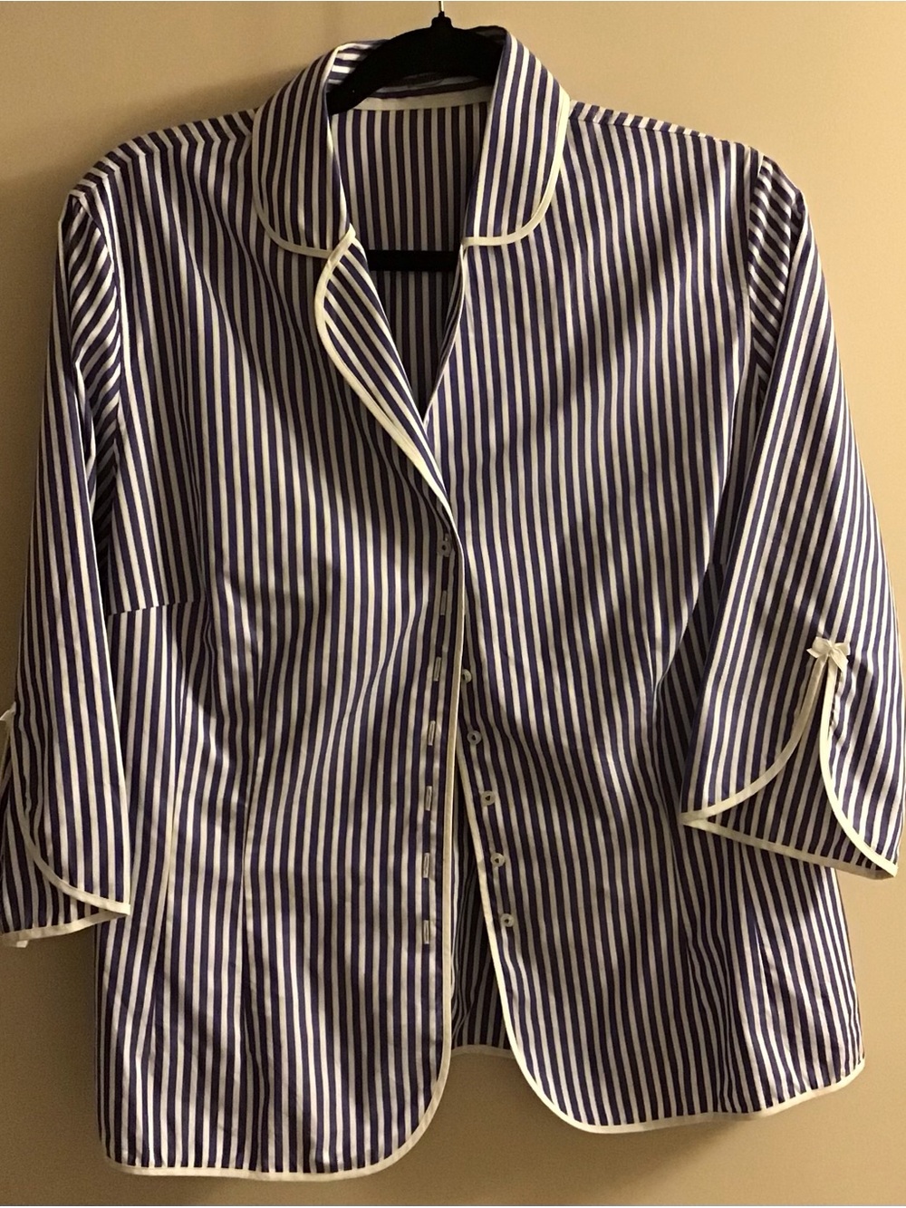 Striped purple and White Blouse w/Contrast Piping